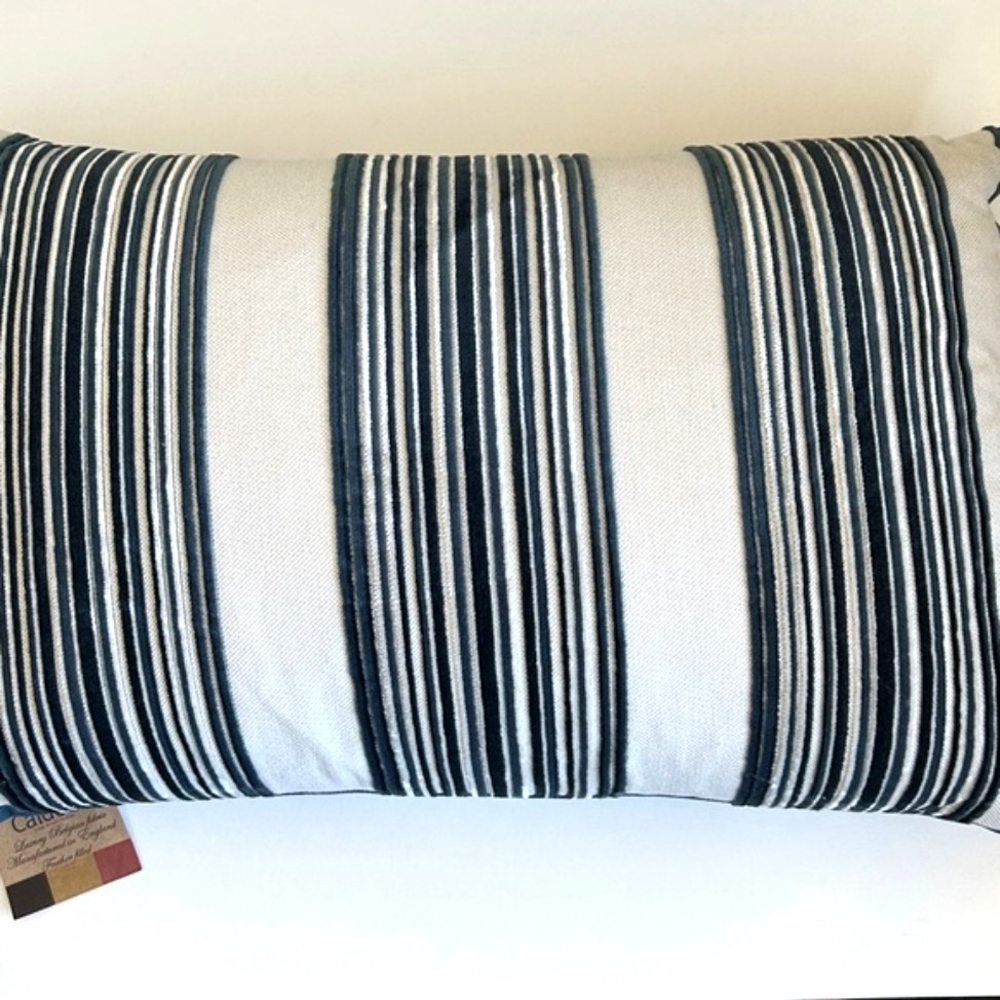 Caldeira Navy Blue White Velvet Striped Feathered Lumbar Home Decorative Pillow - Picture 9 of 10